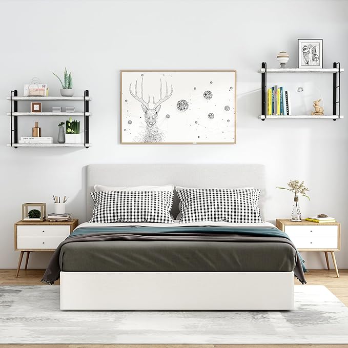 Wall Shelves, Wall Mounted Bookshelves, DIY Floating Shelves for Wall, Wood Hanging Book Shelves for Room, Bedroom, Living Room, Easy Installation (Washed White, 50W x 17H)