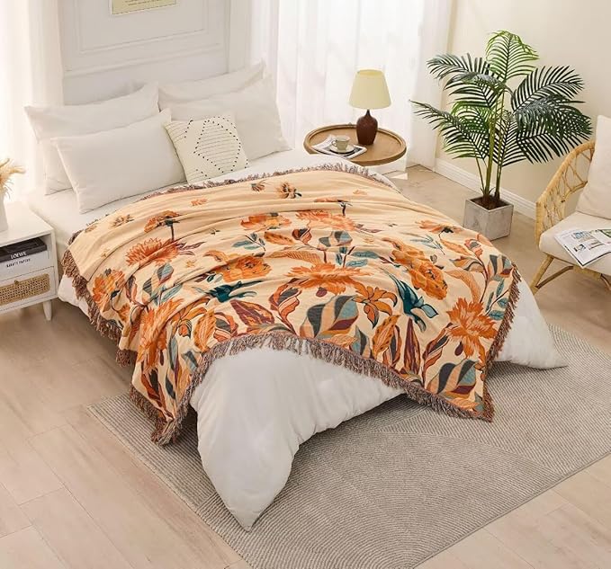 Fall Boho Throw Blanket for Bed 80"x90", 100% Cotton Boho Throws for Couch Sofa, Ultra Soft 4-Layers Woven Muslin Blanket with Floral Printed for All Season,Farmhouse Throws Bed Chair Cover