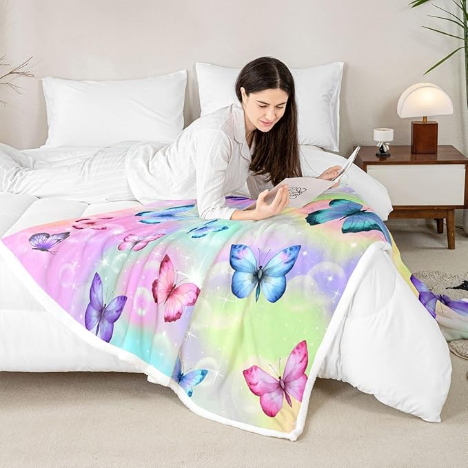 Erosebridal Rainbow Butterfly Fleece Throw Blanket Throw 50"X60",Colorful Butterfly Gifts for Girls Women Adult,Glitter Stars Galaxy Sherpa Blanket for Bed Couch,Soft Lightweight Flannel Blanket