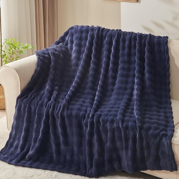 NEWCOSPLAY Throw Blanket for Couch Dark Navy Super Soft Flannel Fleece 3D Bubble Lightweight Bed Blanket All Season Use (Dark Navy, Throw(50"x60"))