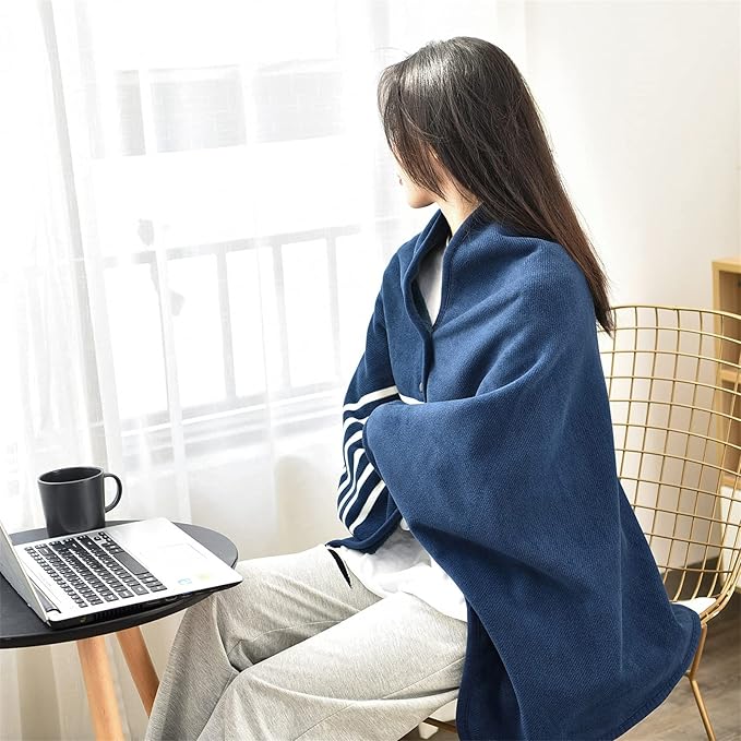 forestfish Fleece Wearable Blanket, Plaid Lap Blanket Comfy Poncho Throw with Buttons for Bed Sofa Office, Blue-White
