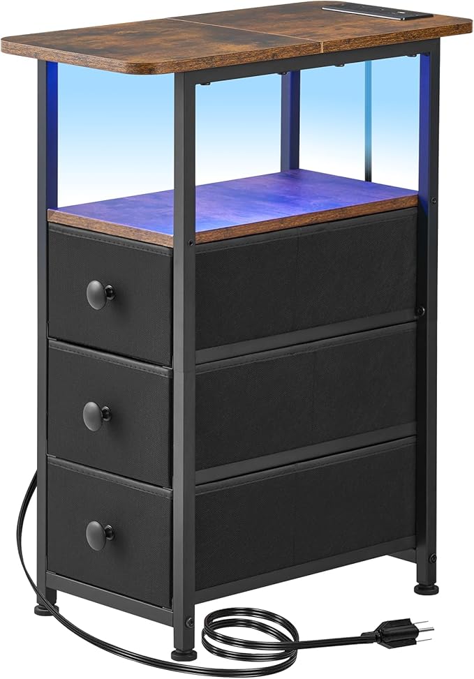 Narrow End Table with Charging Station, Narrow Side Table with Drawer, Small Nightstand with LED Light, Skinny Nightstand, Small Bedside Table for Living Room, Bedroom, Couch, Rustic Brown