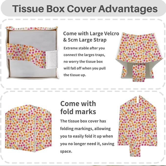 Tissue Box Cover, Tissue Box Holder, Square with Belt Bottom, PU Leather Decorative Organizer for Desk, Tabletop, Countertop Bathroom, Bedside Car, Office, Dresser Kitchen, Aesthetic Flower Decor