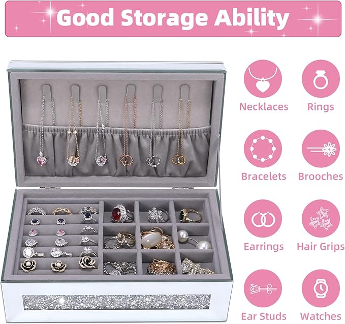 Glam Rhinestone Crystal Silver Glass Jewelry Box, Sparkly Blinged Out Mirror Jewelry Box for Women, Elegant Jewel Box for Romantic Gifting & Decorative Storage