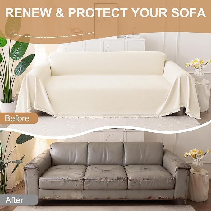 Smiry Couch Cover for Dogs, Washable Chenille Sofa Covers for 3 Cushion Couch, Soft Sofa Slipcover for Pets, Thick Sectional Furniture Protector with Tassels (Beige, 88.5x134 Inch)