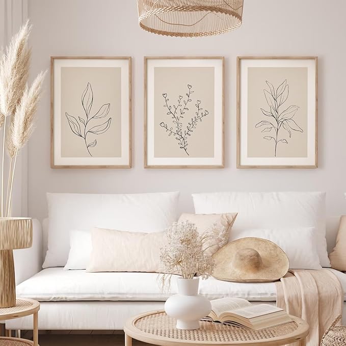 Botanical Wall Art Decor Set of 3 Neutral Wall Decor Boho Beige Canvas Wall Art Botanical Minimalist Pictures Botanical Neutral Prints Beige Posters Boho Artwork for Room Bedroom 24x36 Inch Unframed