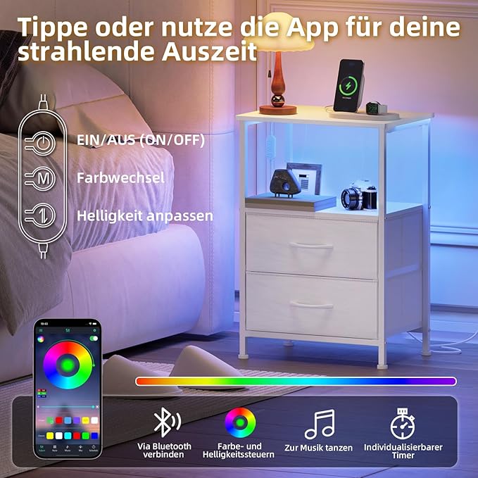 Somdot White Nightstand with Charging Station and LED Light for Bedroom, 2 Drawers Dresser with Fabric Bins for Bedside Kids Dorm Room Closet Laundry Entryway, White Leather