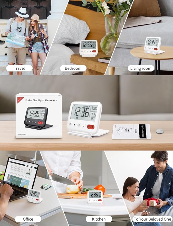 NOKLEAD Digital Travel Alarm Clock - 3.23 inch LCD Display, Temperature, 9-Minute Snooze, 10s Backlight, Battery Included (White)