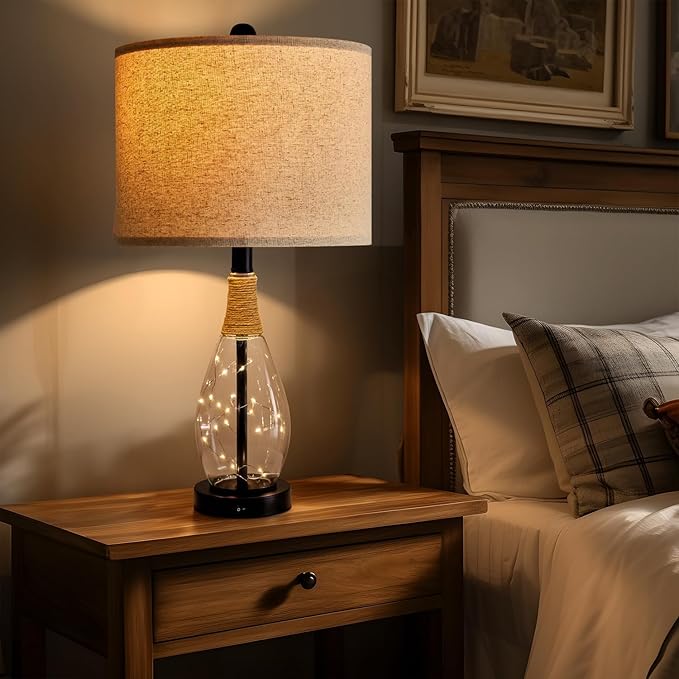 OYEARS Bedside Table Lamp with USB, 23‘’ Black Farmhouse Nightstand Lamps for Bedroom, Retro Rattan Table Lamps for Night Stands, Living Room, Farmhouse Table Lamp with Glass Nightlight Lamps