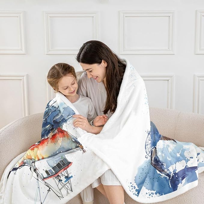 Erosebridal Marlin Swordfish Throw - Tie Dye Fleece Nautical Compass Sherpa Blanket - Fishing Theme Fuzzy Queen 90"x90" Blue Brown White