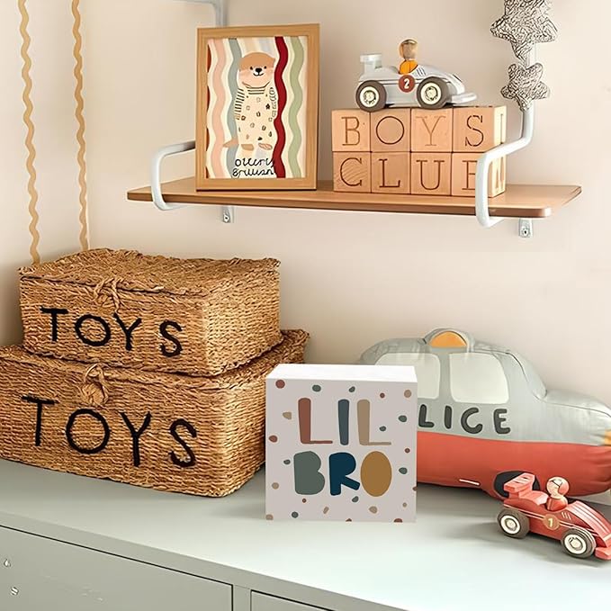 Lacama Boho Boy Nursery Wooden Box Sign, Little Brother Decorations Wood Block Signs, Twin Room Wood Sign for Toddler Boys Room Bedroom Playroom Desk Shelf Wall Decor 5x5 Inches