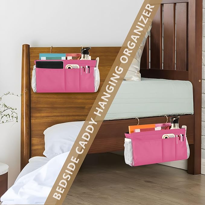 DOMIKING Neon Pink Bedside Caddy for Dorm Bed Recliner Armrest Organizer with Hooks Haning Storage Bag for Couch Recliner Remote Control