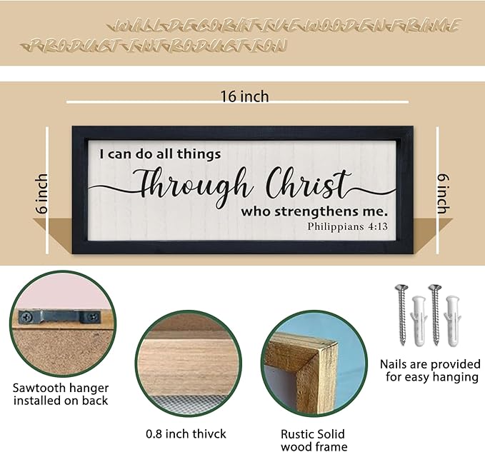 comurdyo I Can Do All Things Through Christ Sign Wall Art 16"×6" Philippians 4:13 Bible Verse Christian Wall Wooden Decor (Black)