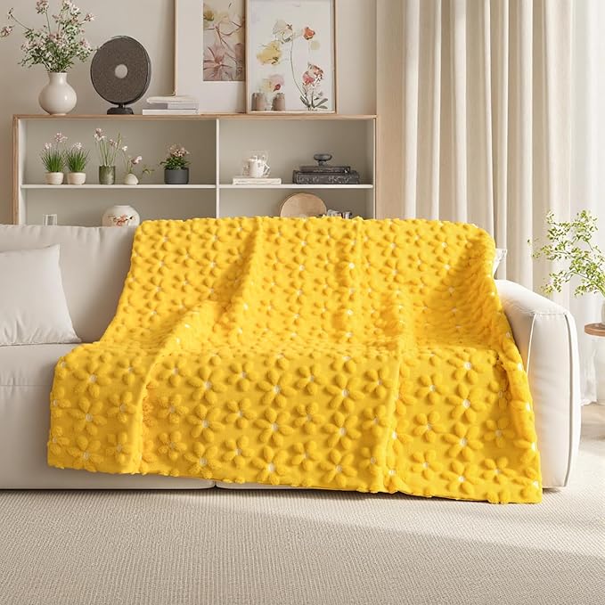 Horaldaily Spring Summer Throw Blanket, Yellow Daisy Soft Fuzzy Plush Faux Fur Cozy Blankets for Couch Sofa Bed Lounging, Ideal Gifts for Kids Adults Wife Self, 50x60
