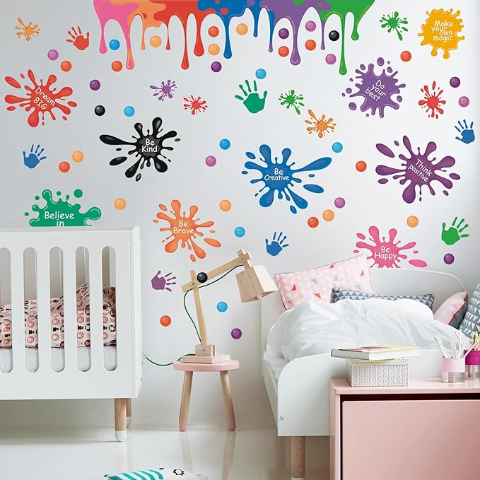 HLNIUC Colorful Inspirational Wall Decals 31pcs Positive Saying Ink Splatter Splotches Wall Sticker Watercolour Motivational Lettering Wall Peel and Stick Decor for Kid Playroom Daycare Art Decor