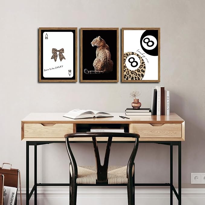 Trendy Cheetah Wall Art Set of 3 Black and White Leopard Bow Wall Decor Painting Lucky 8 Ball Poster Canavs Print Aesthetic for Bedroom Living Room 12x16 inch Wood Framed
