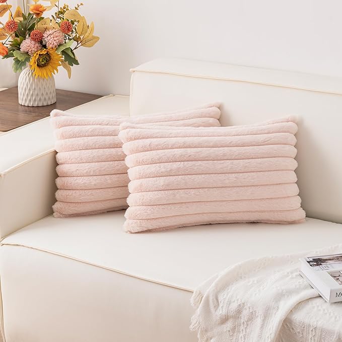 Aegero Pack of 2 Faux Fur Christmas Throw Pillow Covers 12x20 Inch, Soft Plush Striped Neutral Couch Pillow Cover, with Velvet Back Modern Home Decor for Sofa Living Room Couch Bed Light Pink