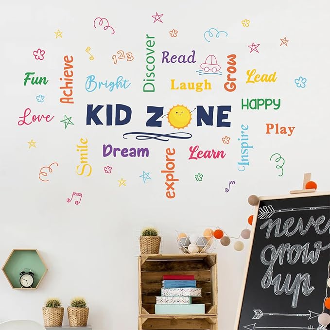 HLNIUC Colorful Inspirational Lettering Quote Wall Decal 35”x12” Kid Zone Positive Quote Wall Sticker Motivational Words Window Clings Minimalist Affirmations Room Decals for Classroom Kids Room Decor