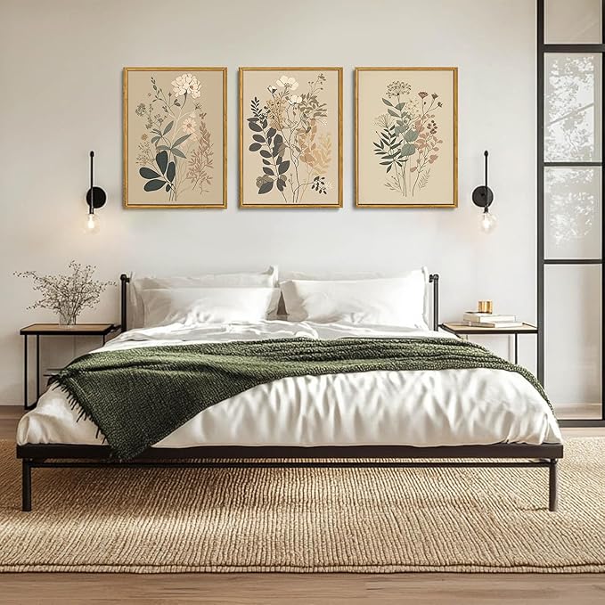 Wodkwq 3 Piece Vintage Floral Canvas Wall Art Framed,Large Wildflower Wall Art,Neutral Farmhouse Botanical Wall Painting,Modern Floral Art Prints For Living Room,Bedroom,Office 16x24in
