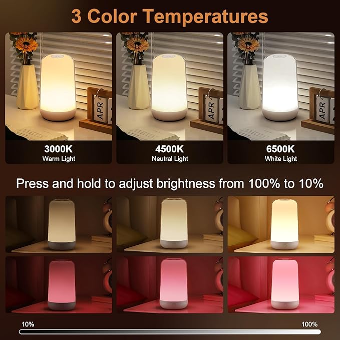 FRIDEKO HOME RGB Touch Bedside Lamp for Nightstand, 3 Color Temperatures Rechargeable Battery Night Light, Dimmable Mood Lighting for Bedroom Living Room Nursery, Breastfeeding, Kids, Adult