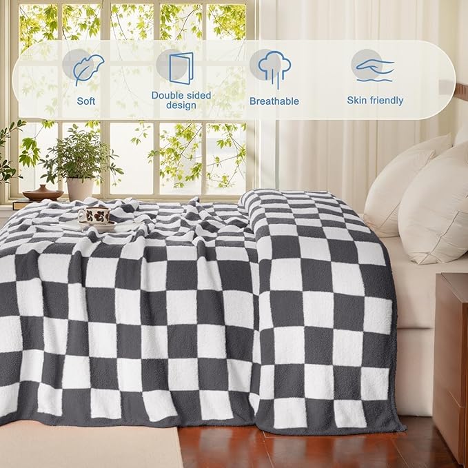 Whale Flotilla Checkered Knit Blanket Queen Size, Ultra Soft Warm Reversible Cozy Decorative Blankets for Couch Sofa and Bed, 90x90 Inch, Grey