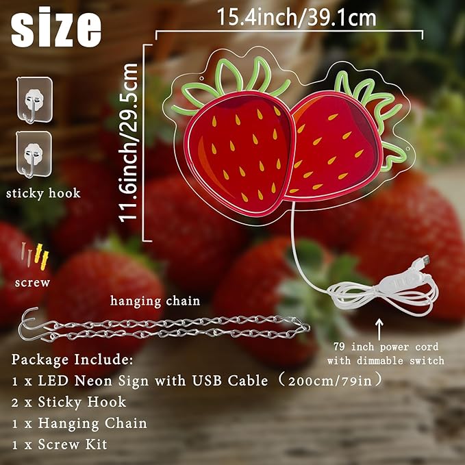 Strawberry Neon Sign for Wall Decor, Dimmable Printing Strawberries Fruits Neon Lights, Vibrant Fruit Themed Neons LED Signs for Kids Room, Bedroom, Restaurant, Bar, Club, Fruit Shop, Birthday Party