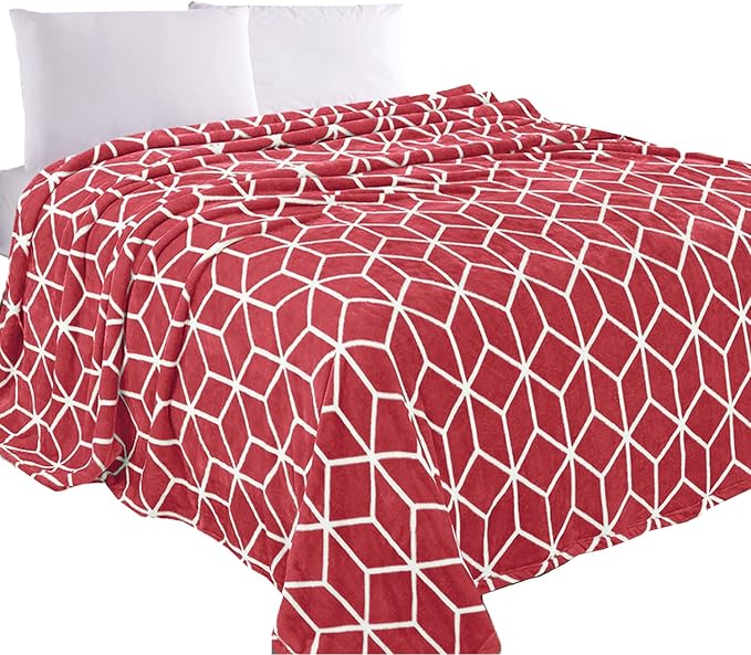 Elegant Comfort Luxury Velvety Feel Blanket, All-Season Lightweight Blanket, Ultra Plush, Soft, Cozy-Fuzzy Flannel Fleece for Couch, Sofa, Bed, Travel, Cube Design, Full/Queen, Burgundy