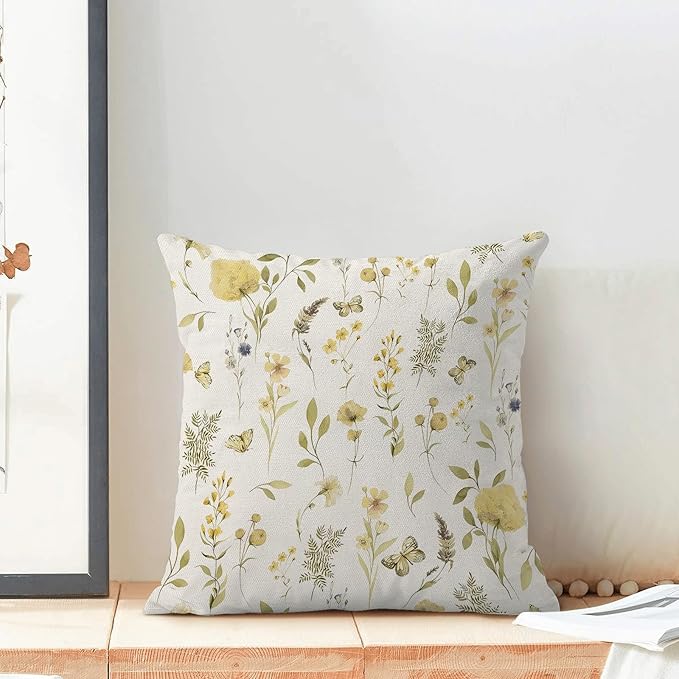Spring Pillow Covers 16x16 Inch Set of 2, Mustard Yellow Green Wild Flower Throw Pillows Case,Colorful Seasonal Floral Plant Outdoor Decorative Farmhouse Decor Cushion Covers for Sofa Bed Couch