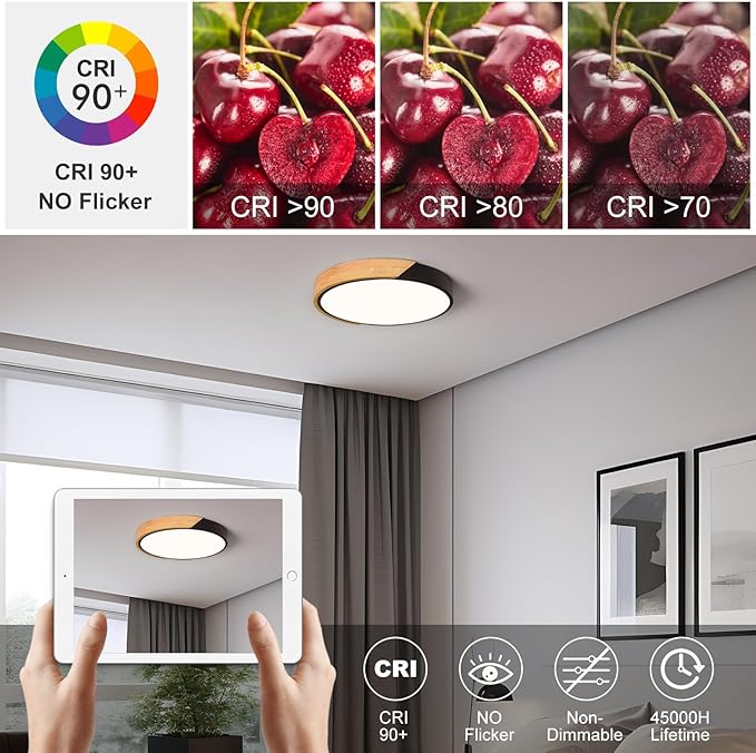Vikaey Modern LED Ceiling Light, Minimalist Wood Flush Mount Ceiling Light Fixture, 4000K Not Dimmable, Circle Lighting Lamp with Acrylic Lampshade for Bedroom Laundry Room Hallway (Black,11.8")
