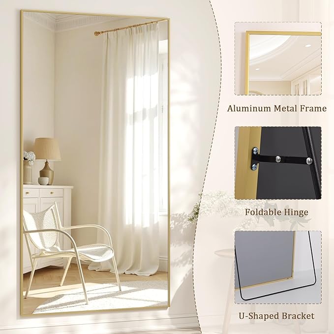 80" x 40" Oversized Full Length Mirror with Stand, Standing/Leaning/Wall Mounted Large Full Body Floor Mirror for Bedroom, Living Room, Entryway, Cloakroom with Aluminum Alloy Frame Gold