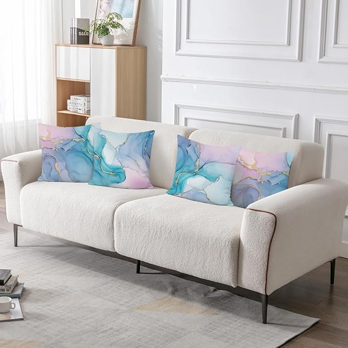 Bonhause Colorful Marble Throw Pillow Covers 18 x 18 Inch Pink Purple Blue Turquoise Watercolor Abstract Modern Decorative Pillows for Couch Sofa Bed Home Decor Set of 4
