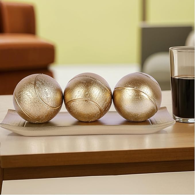 LCCCK Decorative Tray with Balls Set, Gold Decor Orbs TV Stand, Coffee Table Centerpiece, Elegant Orbs Decorative Balls for Dining Kitchen Console Fireplace Decor Centro De Mesa De Comedor