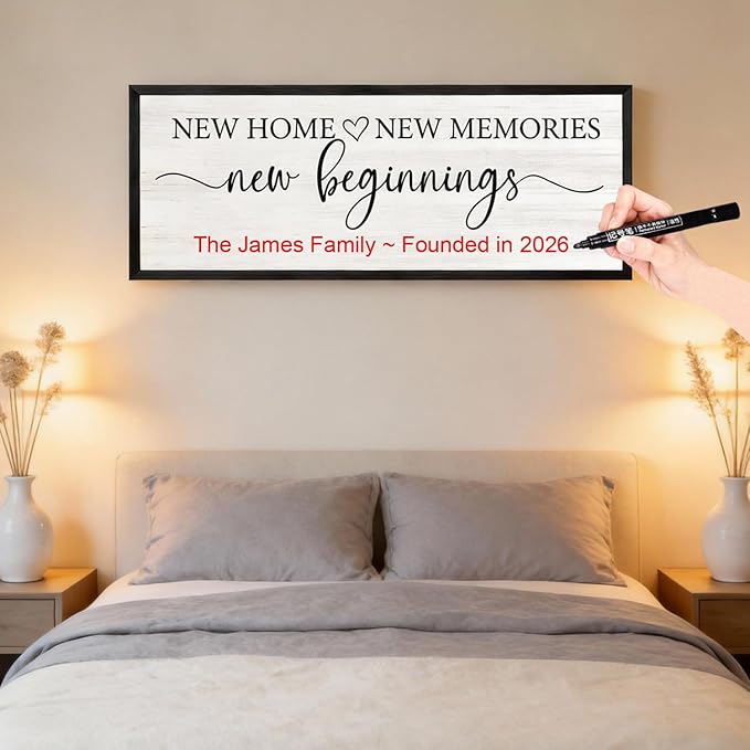 New Home, New Memories, New Beginnings Wall Decor Sign – 32x12 Inch Framed Wooden Sign with Writable Family Name & Year Space, Rustic Farmhouse Housewarming Gift for New Home, Entryway, Living Room, Black