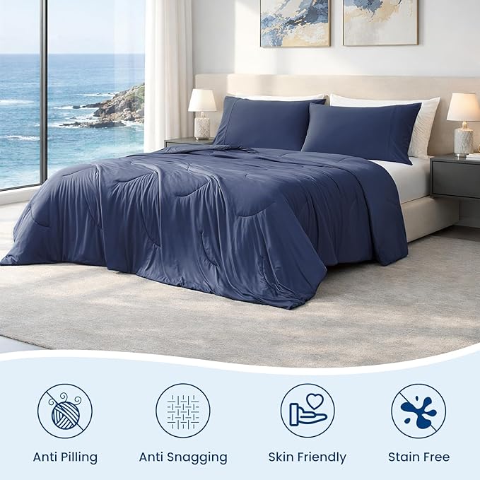 Cozy Bliss Cooling Comforter Queen Size, Reversible Lightweight Cooling Blankets for Hot Sleepers and Night Sweats, Q-Max>0.45 Soft Breathable Silky Smooth Summer Comforter, Dark Blue, 90"x90"