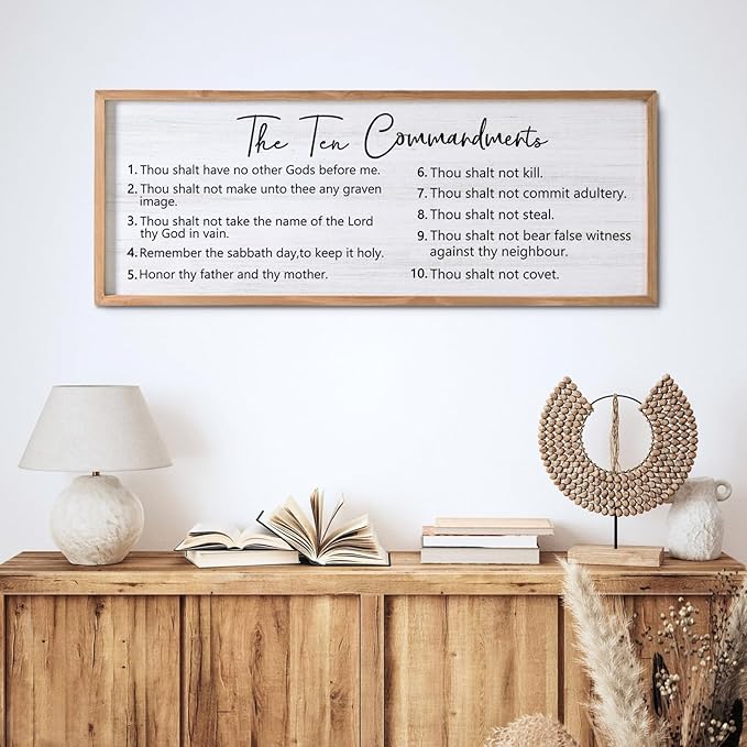 The Ten Commandments Wall Decor, 40x15 inch Rustic Bible Verse Wall Art, Christian Religious Scripture Print, Farmhouse Style Framed Wall Hanging Christian Gifts for Family Home, Natural
