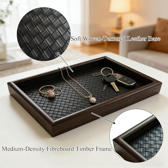 Tinsow 11.8x7.9 Desk Organizer Tray Wooden Storage with Leather Base, Versatile Tray Table for Nightstand Entryway Vanity Desktop(Black)