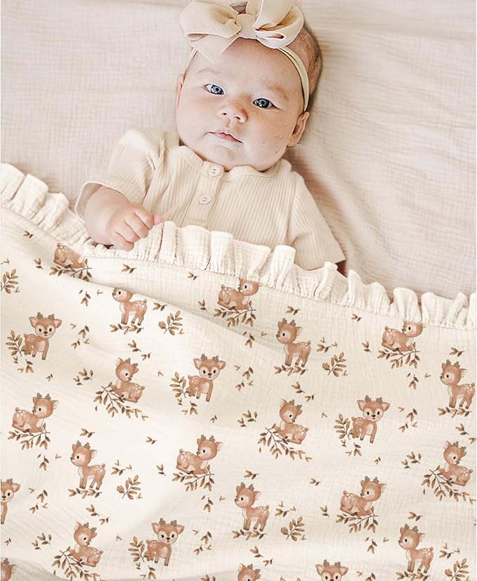 Konssy Flounce Muslin Baby Blanket for Girls Boys, 100% Cotton Soft Crib Swaddle Blankets, Reversible & Breathable Nursery Bedding for Newborns Toddlers, 40 x 36 Inches (Deer)