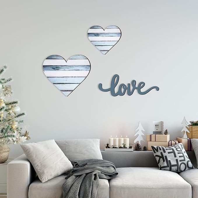 3 Pcs Wooden Hearts Decor Heart Wooden Sign Rustic Hanging Love Plaque for Wall Home Farmhouse Living Room Bedroom Gifts(Blue)
