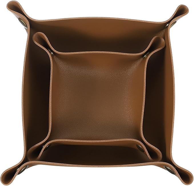 uxcell 2 Pcs Valet Tray for Women and Men, PU Leather Jewelry Tray Entryway Table Bedside Nightstand Catchall Storage Organizer for Jewelry Key Coin Watch Wallet(Square, Brown)