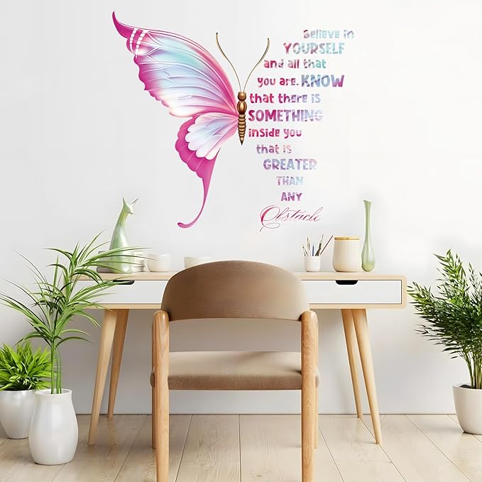 Large Inspirational Butterfly Wall Decals Stickers, Motivational Saying Positive Peel and Stick Wall Art Decals for Women Girls Bedroom Living Room Office(Pink)