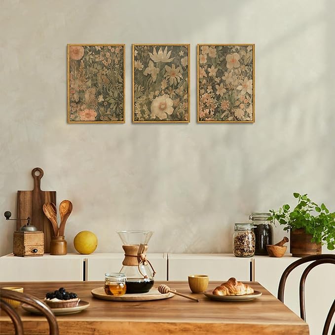 Wodkwq 3 Piece Vintage Floral Wall Art Framed,Neutral Wildflower Wall Art,Mid Century Modern Botanical Prints,Retro Plant Art,For Bedroom,Living Room,Office 16x24in