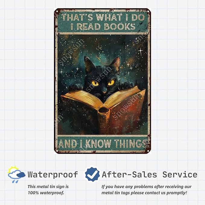snowsun Black Cat Reading A Book Vintage Signs Aluminum Sign Kitchen Cafe Home Bar Restaurant Room Home Vintage Tin Sign 8X12 Inches