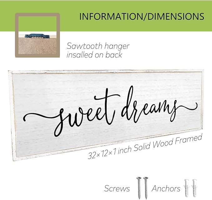 Sweet Dreams Wall Decor Above Bed Sign 32''×12'' Large Wood Framed Master Bedroom Guest Room Sweet Dreams Signs Farmhouse Rustic Wall Art Decoration (White)