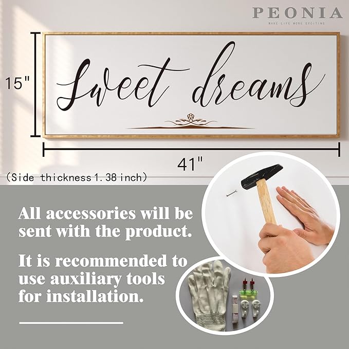 PEONIA 41" x 15" Sweet Dreams Above The Bed Wall Decor - Aesthetic And Minimalist Sweet Dreams Large Above Bed For Bedroom Wall Art Decor Canvas Signs With Soft Colors, Delicate Details (Wood)