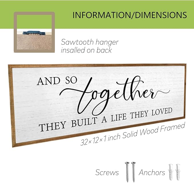 And So Together They Built A Life They Loved Wall Decor 32”X12” Rustic Master Bedroom Large Wood Framed Sign Above Bed Modern Farmhouse Quotes Couple Wall Art Over Bed Hanging Decoration (Wood)