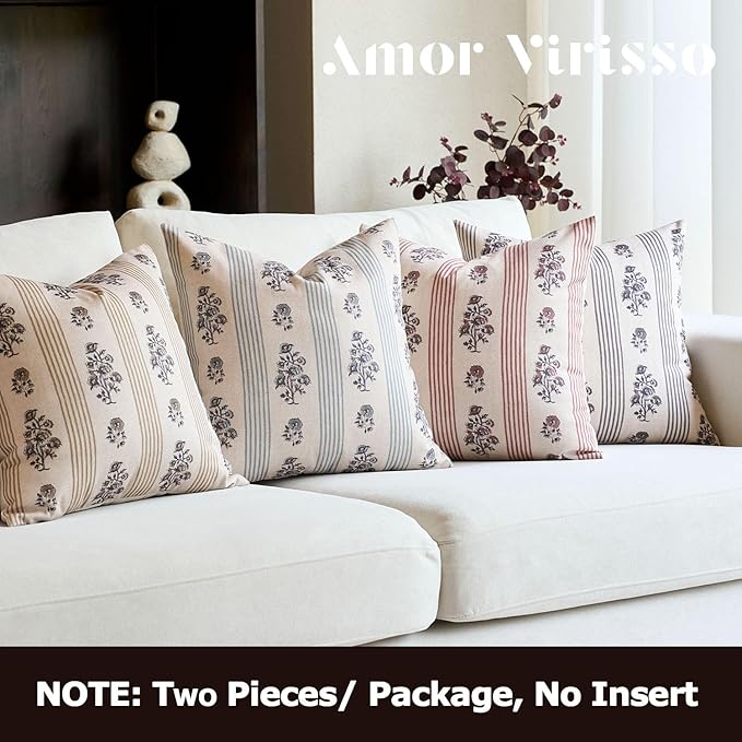 Amor Virisso Floral Throw Pillow Covers 24x24 Set of 2 Block Print Pillow Covers Neutral Floral Striped Farmhouse Decorative Pillow Covers for Sofa Couch Bed, Yellow