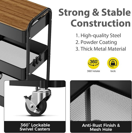 3 Tier Rolling Cart with Table top, Metal Utility Cart, Sturdy Storage Organizer Cart with Locking Wheels & Hooks for Office, Classroom, Kitchen and Bathroom