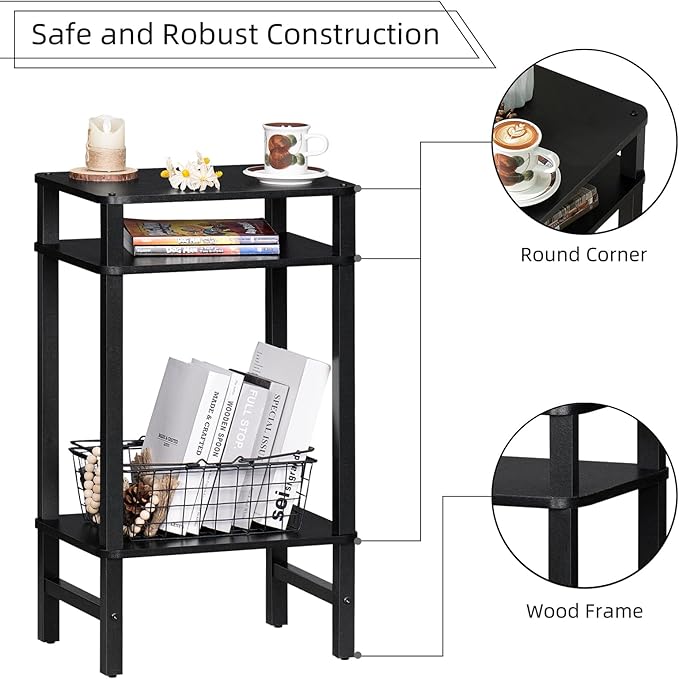 Side Table End Table Tall Night Stand 3-Tier 2 Pack for Living Room Bedroom Bathroom Office Furniture Black