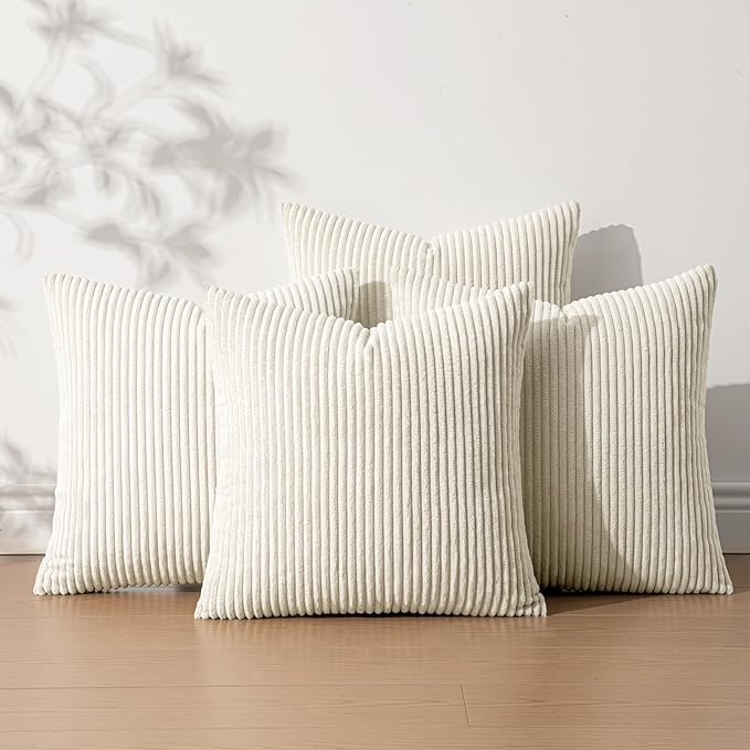 EMEMA Beige Decorative Throw Pillow Covers 20x20 Inch Set of 4 Boho Farmhouse Corduroy Striped Square Pillow Case,Western Modern Cushion Covers for Couch Bed Livingroom Home Decor