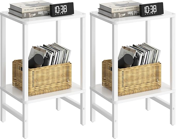 Side Table End Table Tall Night Stand 2-Tier 2 Pack for Living Room Bedroom Bathroom Office Furniture White